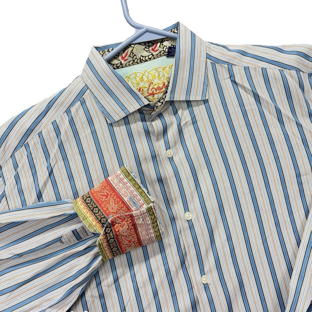 Robert Graham Shirt Men XL Striped Flip Cuff Long Sleeve Button Up Cotton Silk